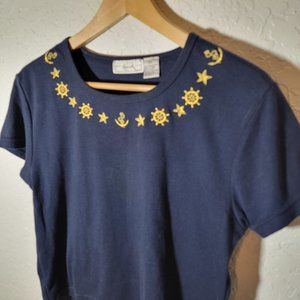 Vintage Novelty Sailor Sailboat novelty Short Sleeve Cropped Shirt Nautical PM